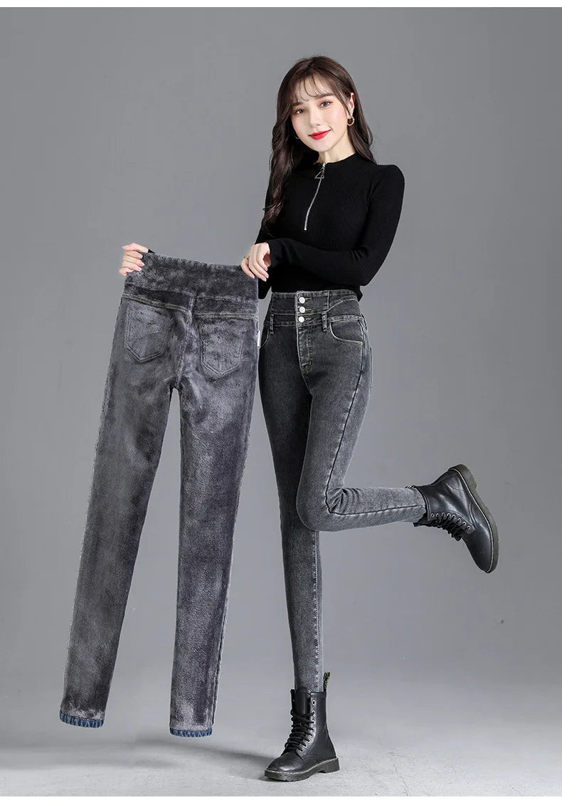 Thermische Winter Dicke Fleece High-taille Warme Dünne Jeans Dicke Frauen Stretch Taste Bleistift Hosen Mom Casual Samt Jeans.