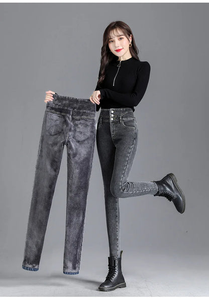 Thermische Winter Dicke Fleece High-taille Warme Dünne Jeans Dicke Frauen Stretch Taste Bleistift Hosen Mom Casual Samt Jeans.