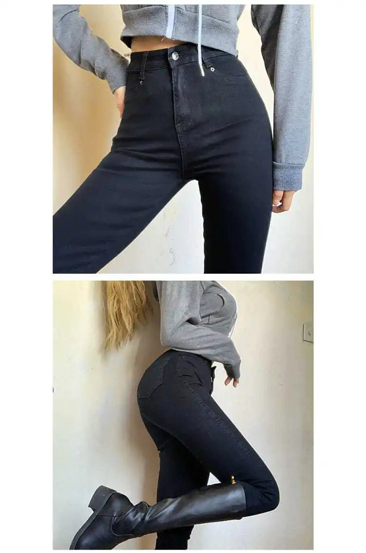Classic Vintage Buttocks Black Gray Jeans for Women High Elastic Mom Jeans Female Washed Stretch Denim Pencil Pants clothes 40.