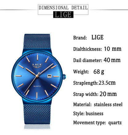 LIGE Fashion Luxury Womens Watch Ultra-thin Steel Mesh Strap Quartz Wristwatch Women Clock Casual Waterproof Watches Reloj Mujer.
