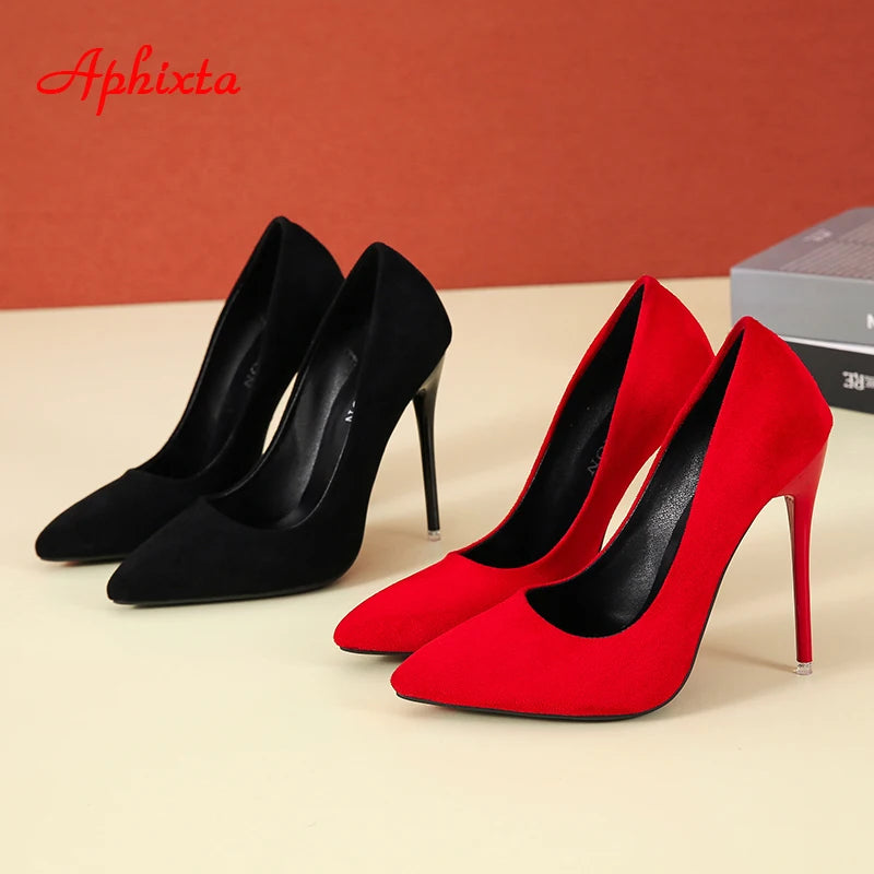 Aphixta 12cm Super High Stiletto Heels Pumps Women Office Flock Pointed Toe Thin Heel Party Shoes Woman Plus Large Size 44 45.