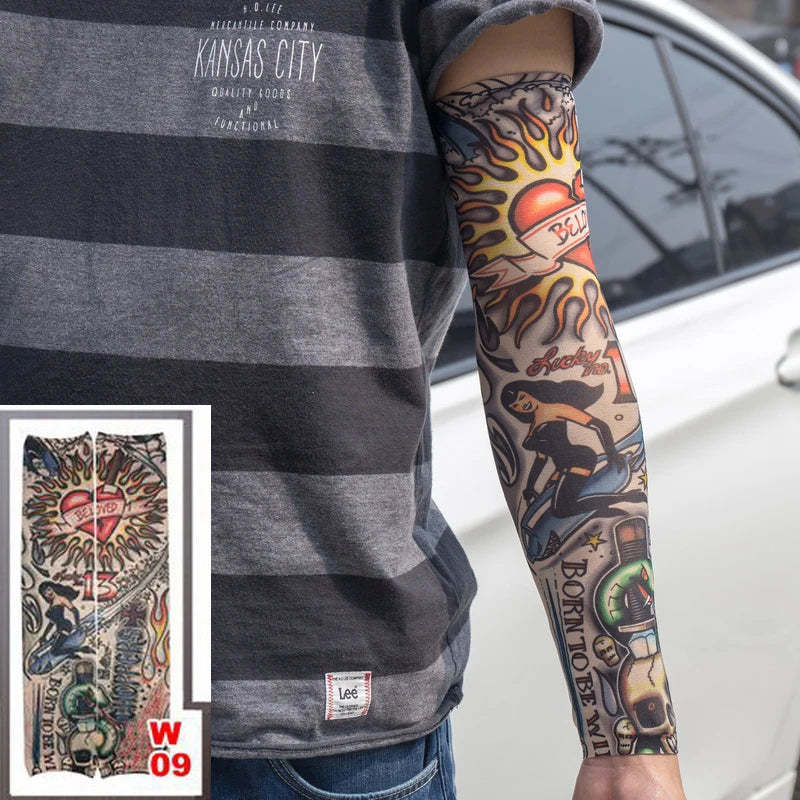 1pc hot sale tattoo sleeve  styles elastic Fake 100%nylon Arm stocking beloved girl Buddha Wolf Dragon design halloween cool men.