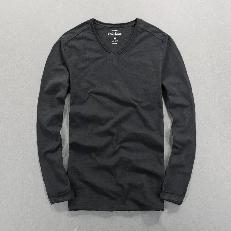 Fashionable Bamboo Cotton Long Sleeve Vintage T-shirts Men Casual Thin Tops Tees Comfortable Tshirt Distressed T-shirt.