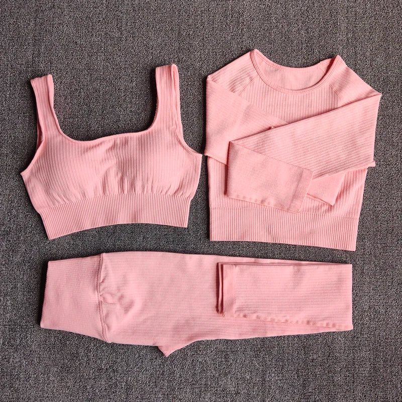 Women Seamless Fitness Yoga Suit Knitt Workout Long Sleeve Crop Top Sports Bra High Waist Running Leggings Gym Clothing 2/3Pcs