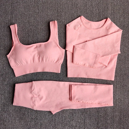 Women Seamless Fitness Yoga Suit Knitt Workout Long Sleeve Crop Top Sports Bra High Waist Running Leggings Gym Clothing 2/3Pcs
