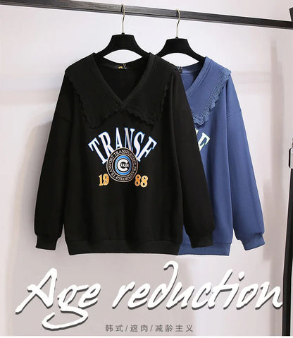 150Kg Plus Größe frauen Herbst Faul Stil Puppe Kragen Sweatshirts Fehlschlag 157cm 6XL 7XL 8XL 9XL 10XL lose Dünnen Langen Ärmeln Top.