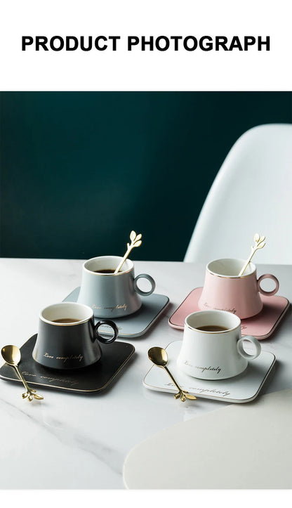 Nordic Ins Ceramic Mug Soy Milk Breakfast Condensed Coffee Tea Cup And Saucer Sets Gold Spoon Mugs Fashion Restaurant Snack Cups.