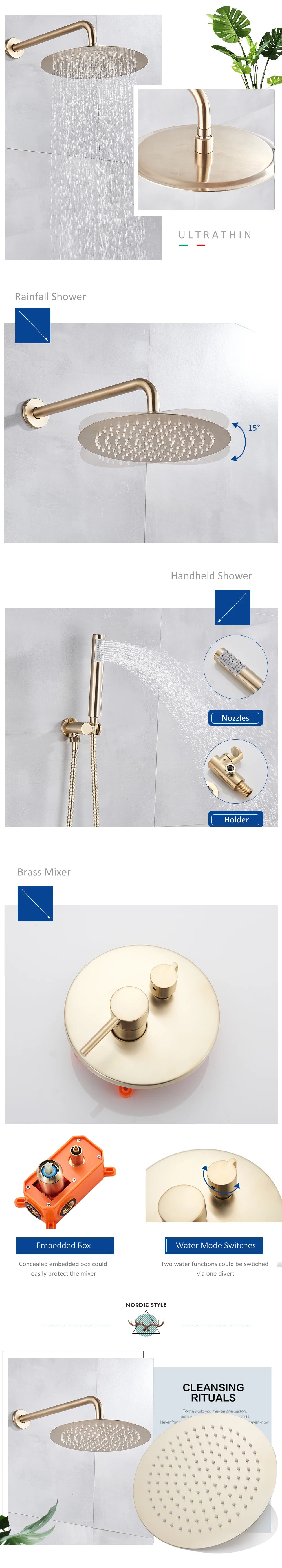 Brushed Gold Shower Faucets Set Rainfall Shower System Concealed Hot Cold Water Mixer Tap Bathroom Round Shower Faucet