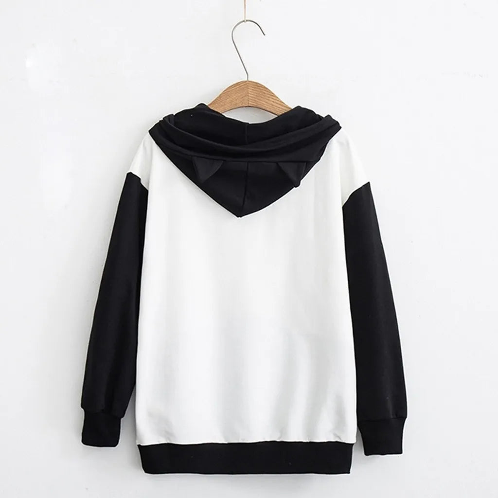 Spring Ladies Long Sleeve Cat Sweatshirt Womens Casual Kitty Cat Print Pocket Thin Hoodie Blouse Top Shirt худи женское платье.