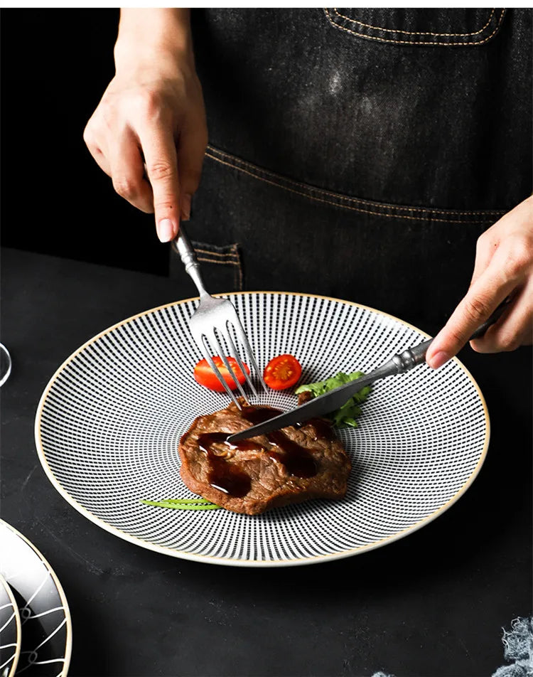 Geometric Design Gold Plating Meal Plate Porcelain Kitchen Dinner Plates Ceramics Food Tray Salad Dish 6/8/10 Inch 1Pcs