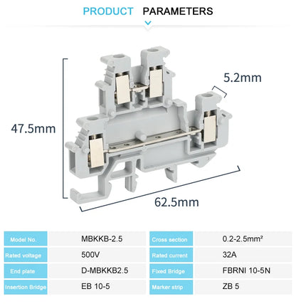 10 Stück MBKKB-2.5 Schraube Doppelstufe DIN-Schienenklemmenblock, 2,5 mm2 Drahtverbinder, universeller Durchgangsstecker 2 Schicht MBKKB2.5.