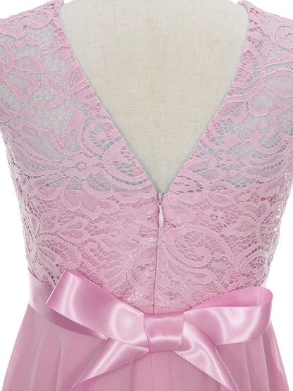 Blumenmädchen-Chiffonkleid mit floraler Spitze, Sommer, ärmellos, hoher, niedriger Saum, formelles Hochzeitskleid für Brautjungfer, Junior, Prinzessin.