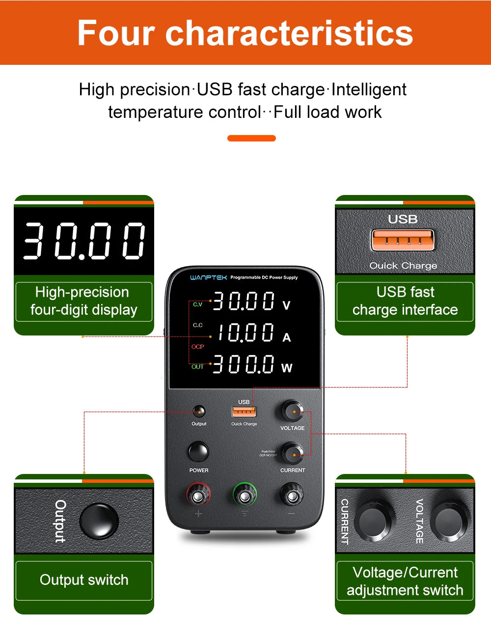 Wanptek Adjustable DC Power Supply 30V 10A LED Lab Bench Power Source Stabilized Switch Power Supply Voltage Regulator 60V 5A