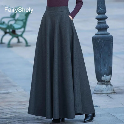 FairyShely 2025 Autumn Winter Retro High Waist Pleated Skirt Women Casual Pocket Woolen Maxi Skirt female Flare Red Long skirt.