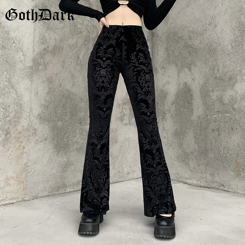 Goth Dark Vintage Floral Scratched Mall Gothic Pants Velvet High Waist Skinny Flare Trousers for Women Streetwear Cyber Y2K Pant