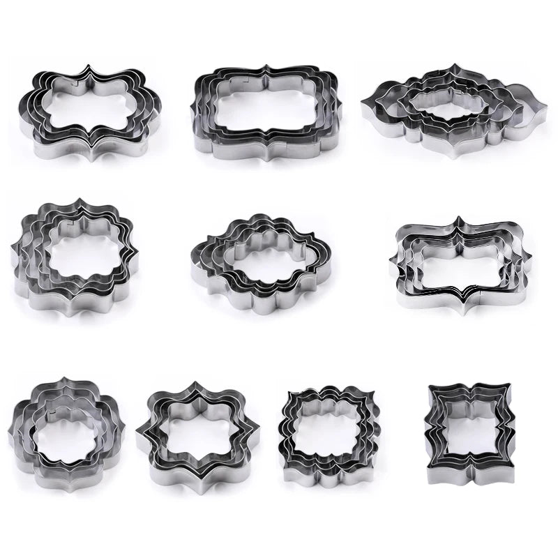 FAIS DU 4Pcs Stainless Steel Cookie Mold Stamper Nameplate DIY Biscuit Blessing Circle Flower Frame Cake Decoration Backware.