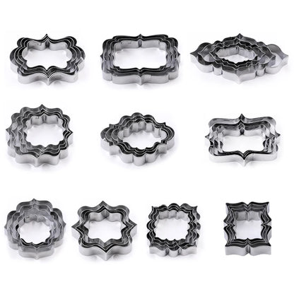 FAIS DU 4Pcs Stainless Steel Cookie Mold Stamper Nameplate DIY Biscuit Blessing Circle Flower Frame Cake Decoration Backware.