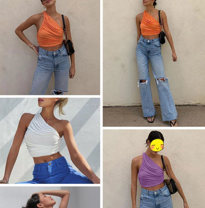 White Tank Top For Women Ruched One Shoulder Crop Top Female Elegant Summer Tops Holiday Beach Cami Top Y2K 2000s
