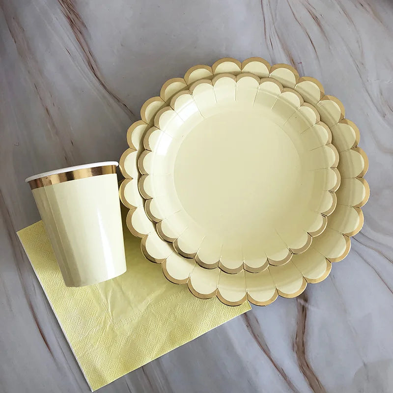 40pcs/set Yellow Green Pink Blue Paper Plates Cups Disposable Tableware Set for Wedding Birthday Party Baby Shower Supplies.