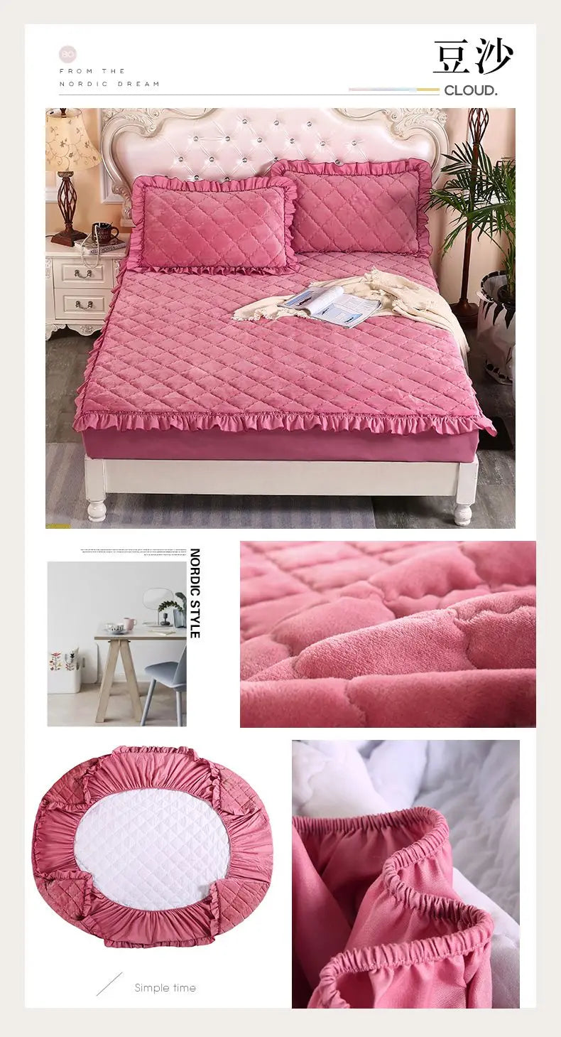 Fashion Flannel Bed Fitted Sheet Quilted Mattress Cover Soft and Comfortable Lace Fit Elastic Band Bed Sheet