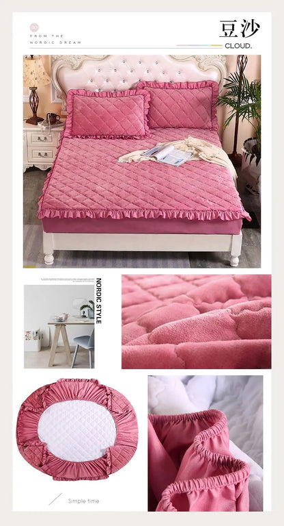Fashion Flannel Bed Fitted Sheet Quilted Mattress Cover Soft and Comfortable Lace Fit Elastic Band Bed Sheet