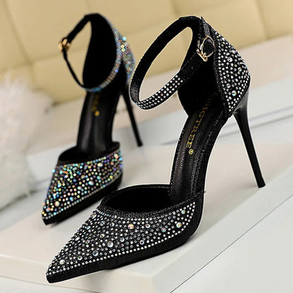 BIGTREE Shoes Shiny Rhinestones High Heels Ladies Shoes Women Pumps Stiletto Sweet Women Heels Wedding Shoes Women Sandals 10 Cm.