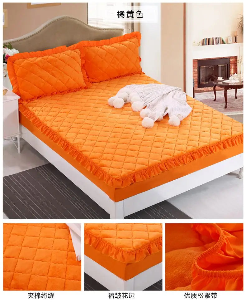 Fashion Flannel Bed Fitted Sheet Quilted Mattress Cover Soft and Comfortable Lace Fit Elastic Band Bed Sheet