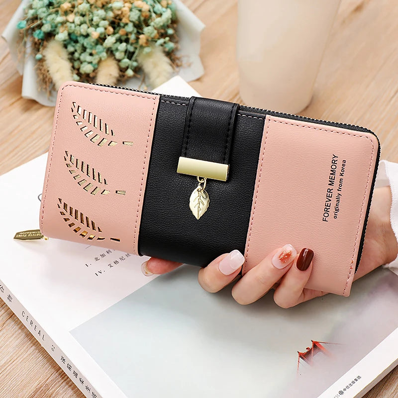 Hollow Leaves PU Leather Women's Long Wallet Fashion Female Coin Purses Hasp Zipper Clutch ID Credit Card Holders Money Bag Clip