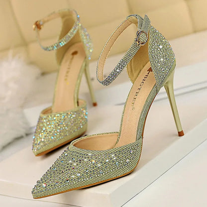 BIGTREE Shoes Shiny Rhinestones High Heels Ladies Shoes Women Pumps Stiletto Sweet Women Heels Wedding Shoes Women Sandals 10 Cm.