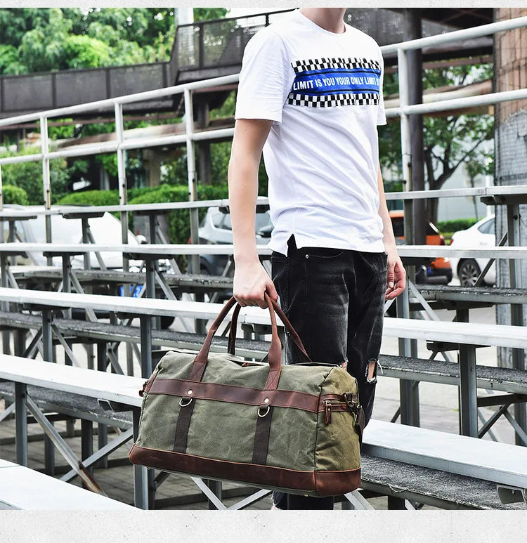 Wasserdichte gewachste Canvas Leder Herren Reisetasche Handgepäcktasche Handgepäck Große Tragetasche Vintage Herren Duffle Wochenendtasche große Übernachtung