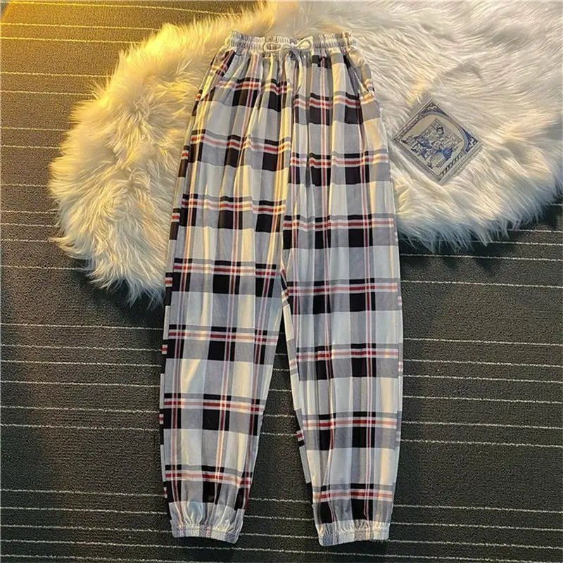 Hosen Frauen Neue Haufen füße Mode Lose Schwarz Plaid Sommer Harajuku Studenten Streetwear Harem Lange Hosen Frauen Chic.