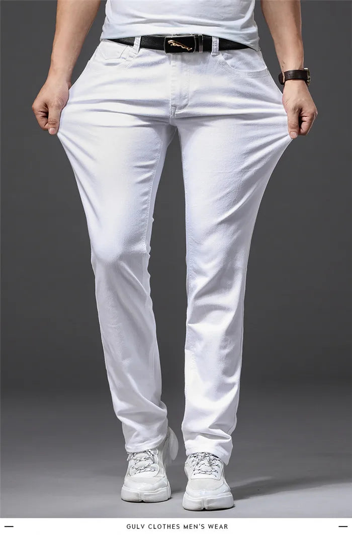 Men White Jeans Fashion Casual Classic Style Slim Fit Soft Trousers Male Brand Advanced Stretch Pants.