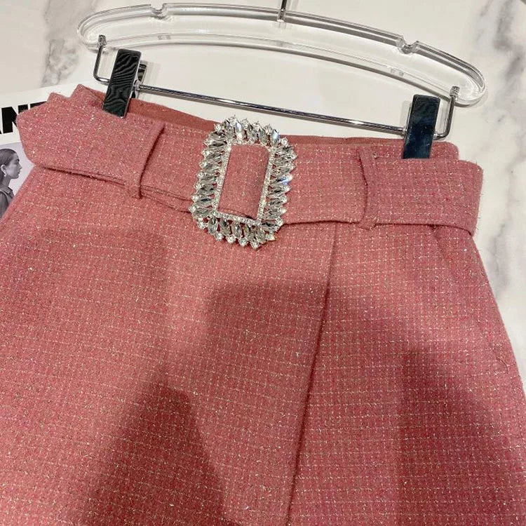 2022 Spring Autumn New shiny sequins Plaid Shorts with Belt for Lady Rhinestone Bright Silk Tweed Folding Short Boots Women