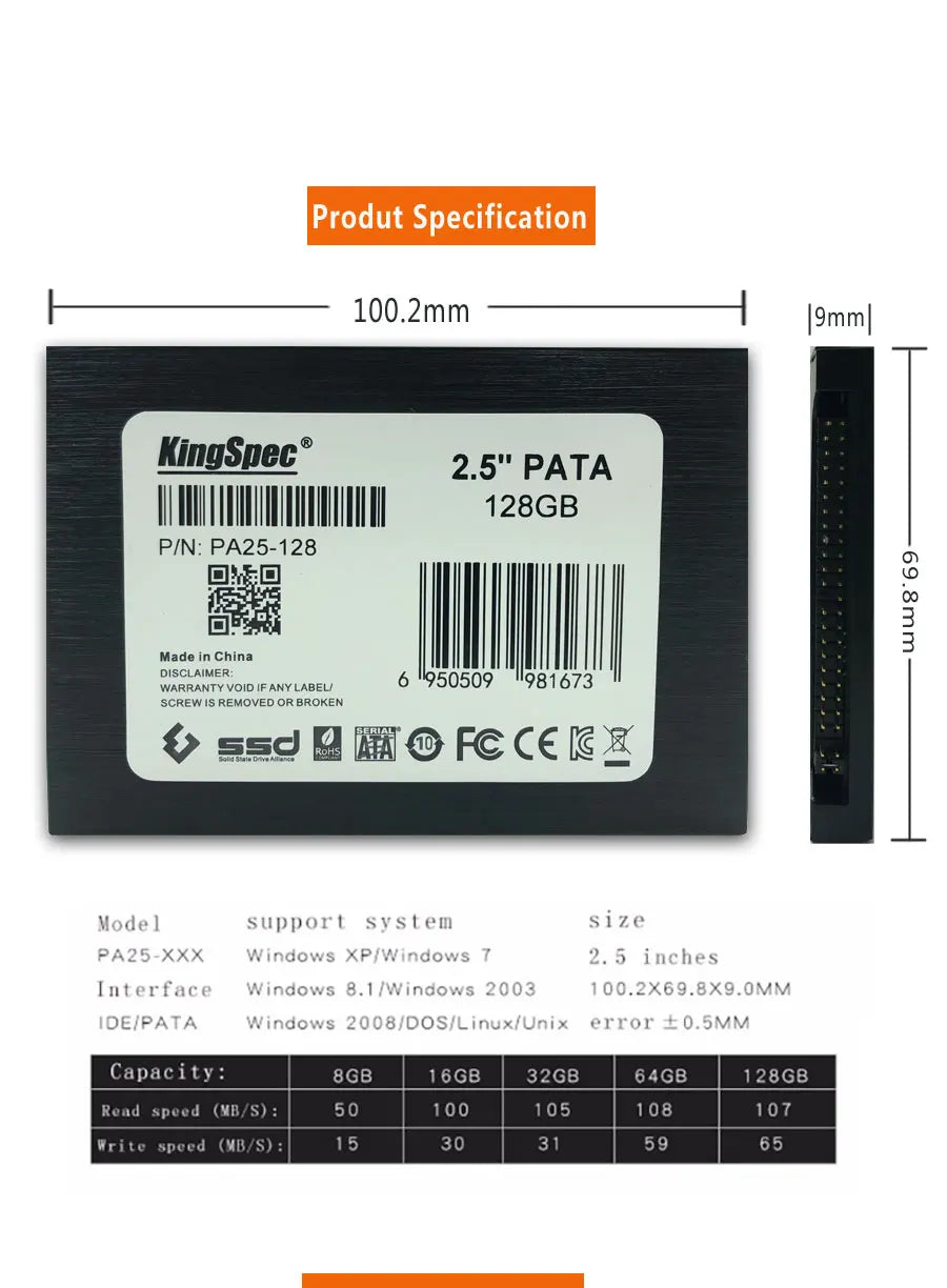 KingSpec 2.5'' PATA IDE interface 256GB 32GB 64GB 128GB SSD MLC Hard Drive Disk for IPC Motherboard Laptop DIY PC.