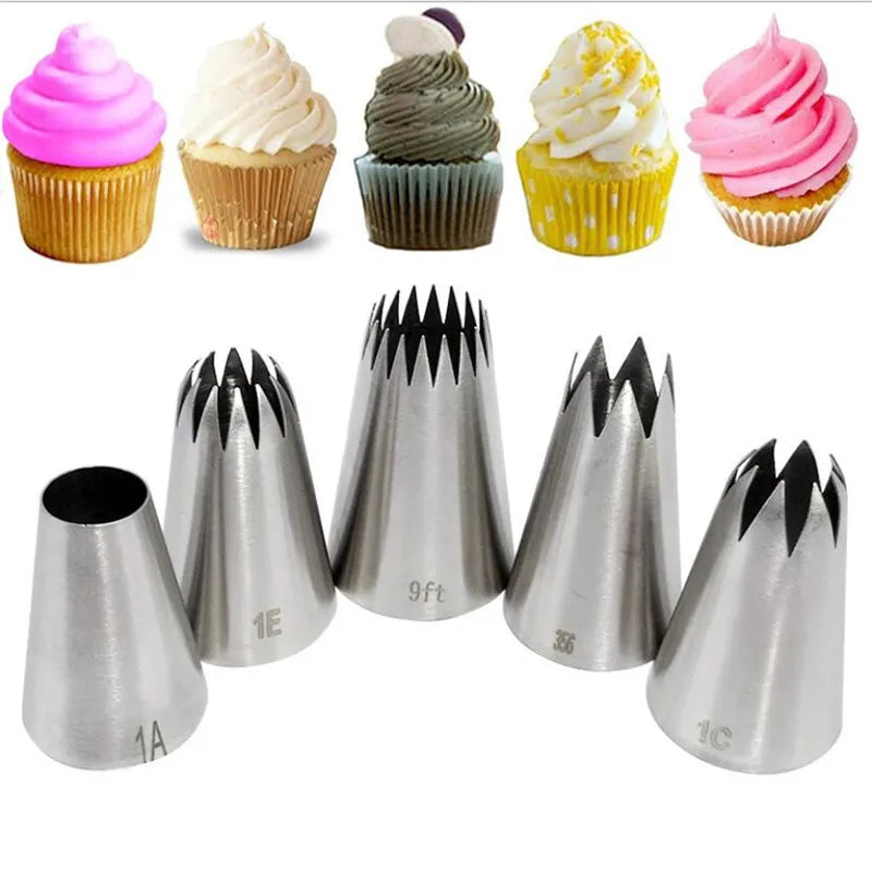 5pcs Large Metal Cake Cream Decoration Tips Set Pastry Tools Stainless Steel Piping Icing Nozzle Cupcake Head Dessert Decorators.