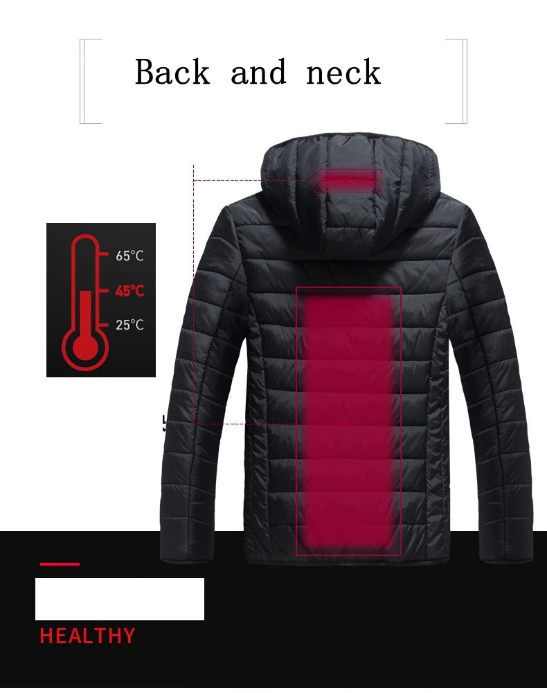 Men's parka Winter Warm USB Heating Jackets Smart Thermostat Pure Color Hooded Heated Clothing male bobojaco Warm padded jacket.