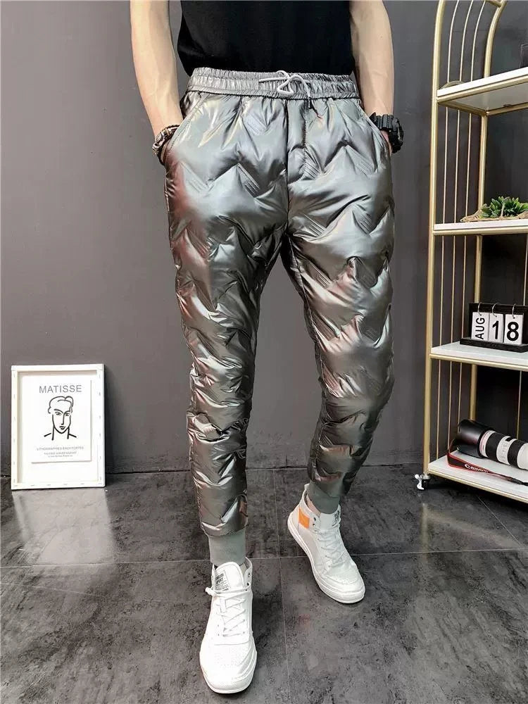 2022 New Men Shiny Winter Down Pant Thick Warm Sweatpants Casual Trousers Slim Outdoor Windproof Waterproof Cotton Pants.