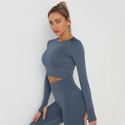 Seamless Athletic Crop Top Woman Sports T-shirts Yoga Top Knitted Shirt Long Sleeve Workout Tops For Women Fashion Gym Clothes