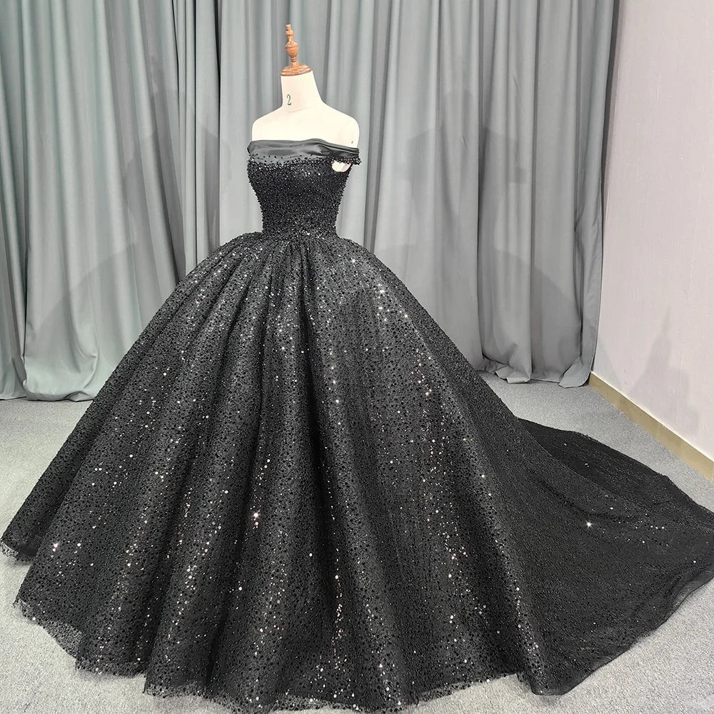 Jancember 6679 Black Off Shoulder Teenage Sequins Birthday Party Formal Quinceanera Dresses.