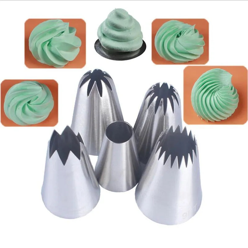 5pcs Large Metal Cake Cream Decoration Tips Set Pastry Tools Stainless Steel Piping Icing Nozzle Cupcake Head Dessert Decorators.
