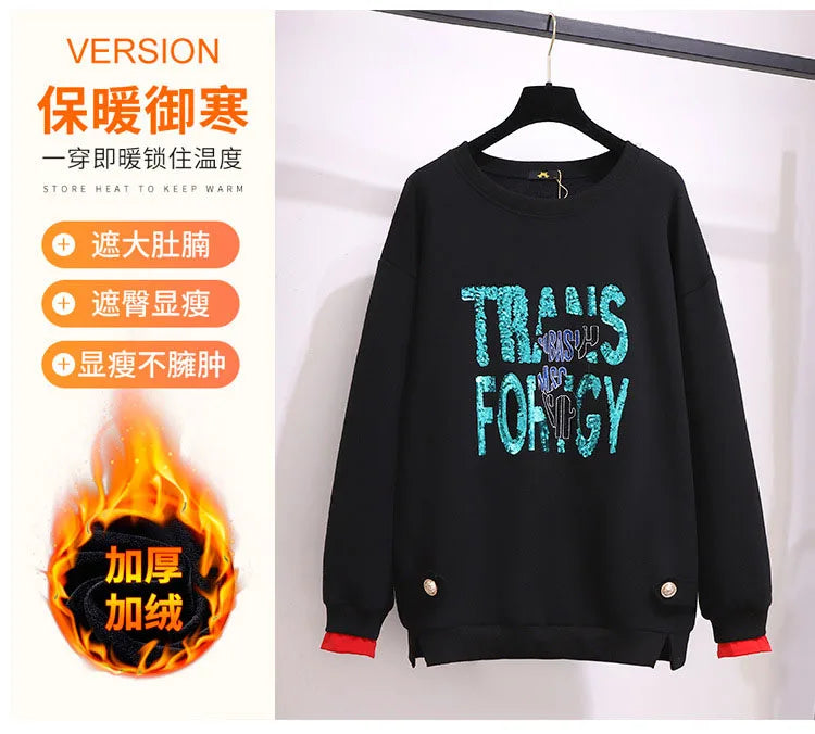150 kg Übergröße Damen Büste 157 Winter Fleece Lose Pailletten Brief Sweatshirts Rundhals Pullover Top 5XL 6XL 7XL 8XL 9XL.