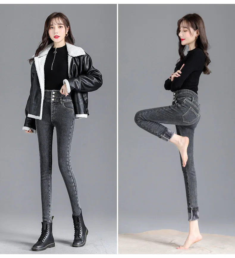 Thermische Winter Dicke Fleece High-taille Warme Dünne Jeans Dicke Frauen Stretch Taste Bleistift Hosen Mom Casual Samt Jeans.