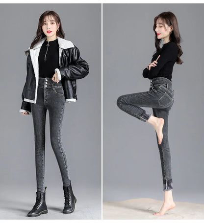 Thermische Winter Dicke Fleece High-taille Warme Dünne Jeans Dicke Frauen Stretch Taste Bleistift Hosen Mom Casual Samt Jeans.