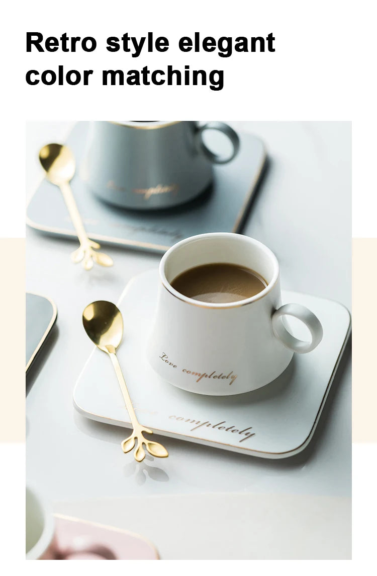 Nordic Ins Ceramic Mug Soy Milk Breakfast Condensed Coffee Tea Cup And Saucer Sets Gold Spoon Mugs Fashion Restaurant Snack Cups.