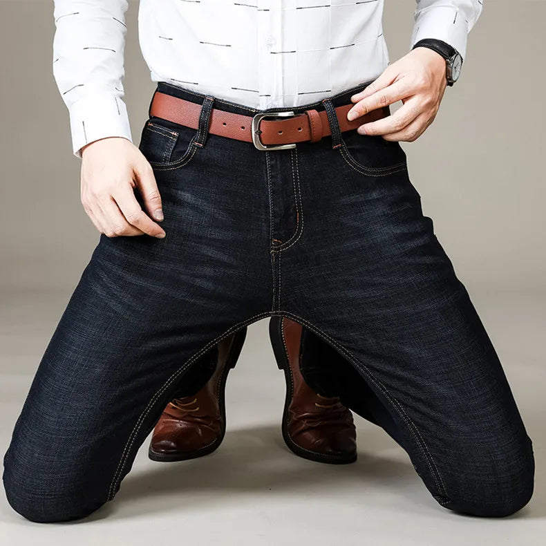 Autumn Classic Men's Fitted Stretch Jeans Business Casual Cotton Denim Straight Leg Pants Male Black Blue Trousers.