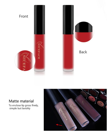 NICEFACE Matte Liquid Lipstick Waterproof Long Lasting Lip Gloss Tint Sexy Red Nude Purple Metallic Lipsticks Makeup Cosmetics.