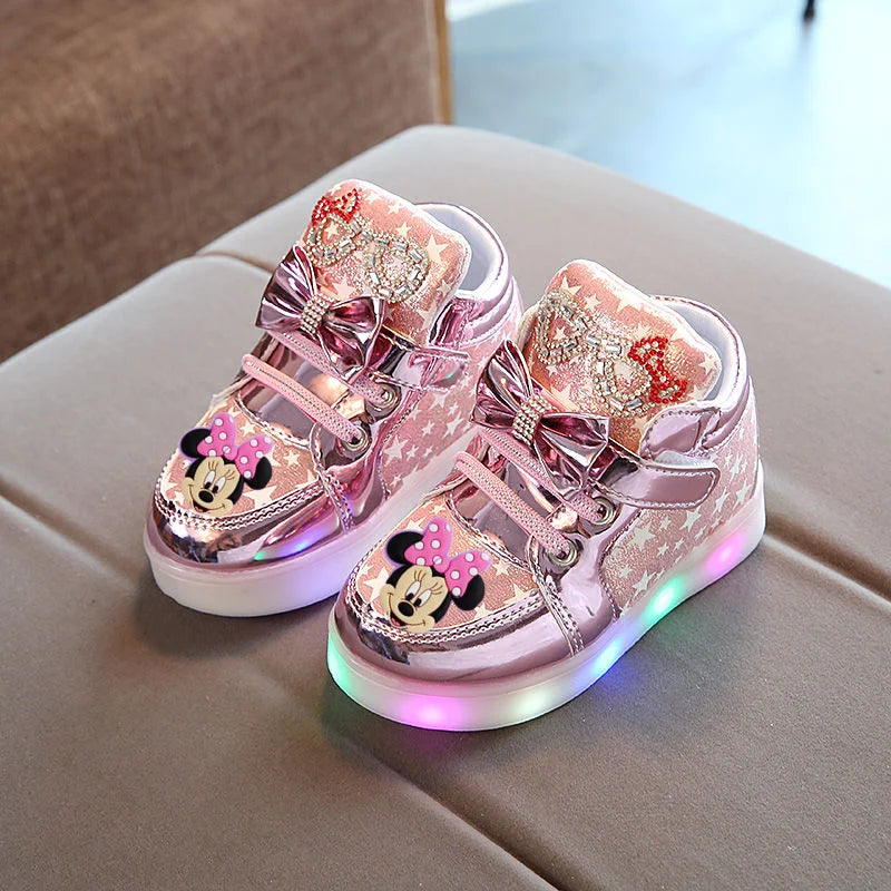 Disney Minnie girl children's sports shoes flashing shoes cartoon LED casual shoes.