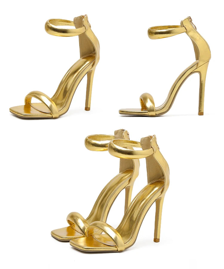 Eilyken Summer Silver Gold Peep Toe High Heel  Sandals Sexy Buckle Strap Ankle-Wrap Ladies Club Women Stripper Shoes.
