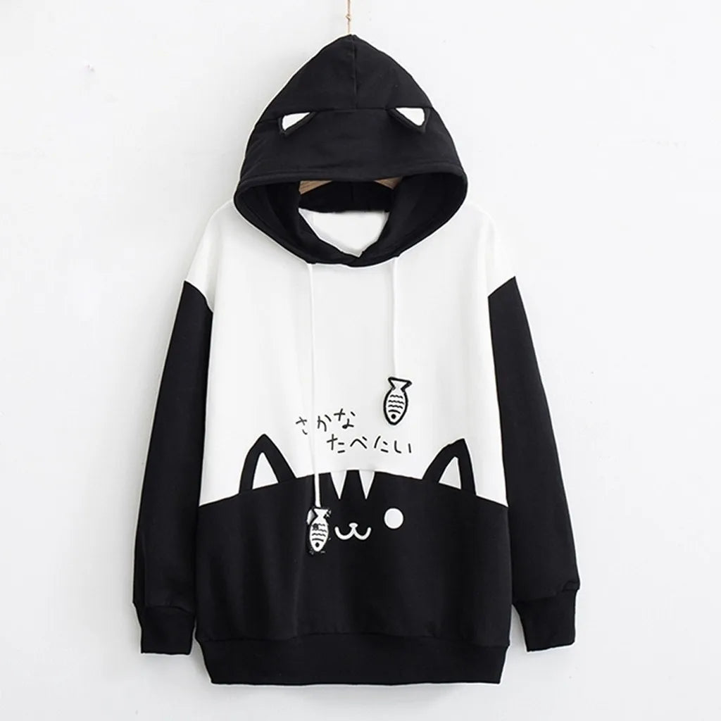 Spring Ladies Long Sleeve Cat Sweatshirt Womens Casual Kitty Cat Print Pocket Thin Hoodie Blouse Top Shirt худи женское платье.