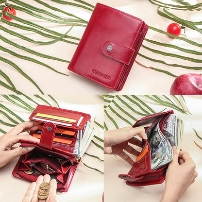 Contact'S Genuine Leather Wallets Women Men Wallet Short Small RFID Blocking Card Holder Wallets Ladies Red Coin Purse.